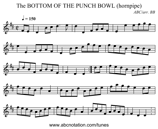 BOTTOM OF THE PUNCH BOWL (hornpipe), The - staff notation