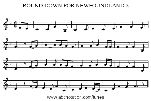 BOUND DOWN FOR NEWFOUNDLAND 2 - staff notation