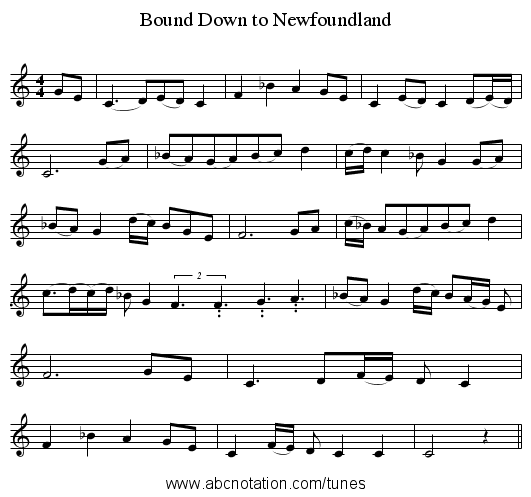 Bound Down to Newfoundland - staff notation