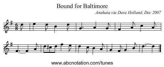Bound for Baltimore - staff notation