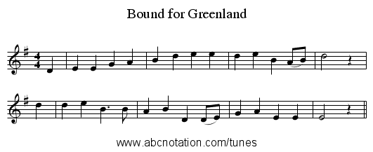 Bound for Greenland - staff notation