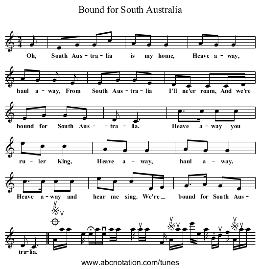 Bound for South Australia - staff notation