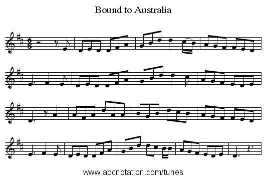 Bound to Australia - staff notation