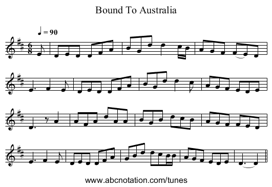Bound To Australia - staff notation