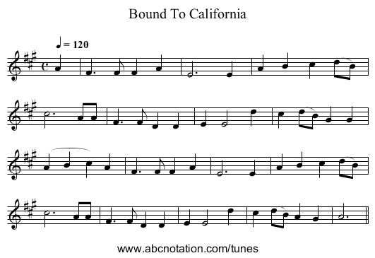 Bound To California - staff notation
