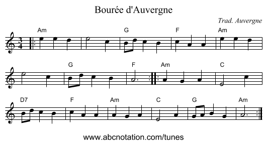 Bourée d'Auvergne - staff notation