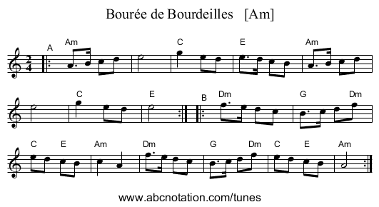 Bour&eacute;e de Bourdeilles   [Am] - staff notation