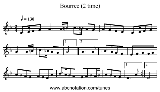 Bourree (2 time) - staff notation