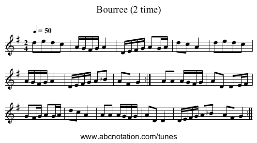 Bourree (2 time) - staff notation