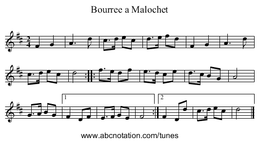 Bourree a Malochet - staff notation