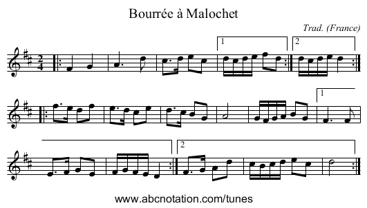 Bourr&eacute;e &agrave; Malochet - staff notation