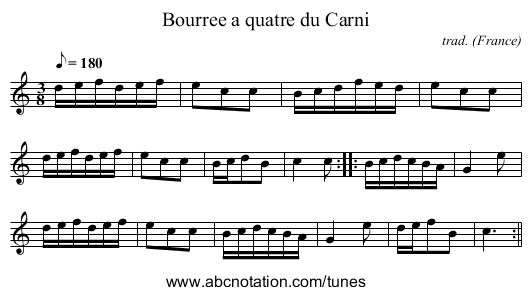 Bourree a quatre du Carni - staff notation