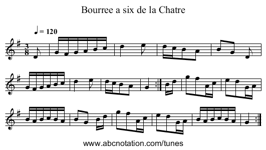 Bourree a six de la Chatre - staff notation