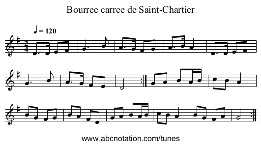 Bourree carree de Saint-Chartier - staff notation