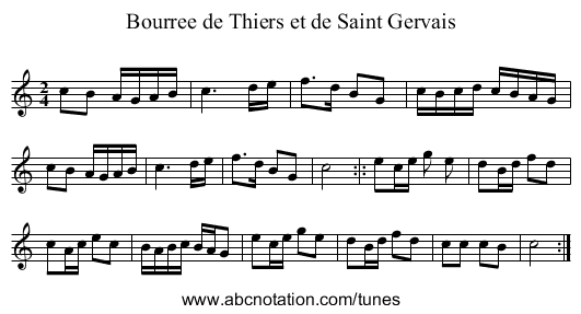 Bourree de Thiers et de Saint Gervais - staff notation