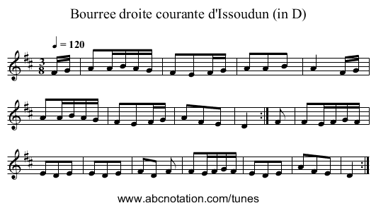 Bourree droite courante d'Issoudun (in D) - staff notation