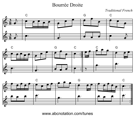 Bourrée Droite - staff notation