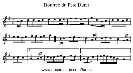 Bourree du Pere Duret - staff notation