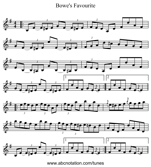Bowe's Favourite - staff notation