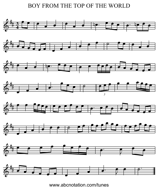 BOY FROM THE TOP OF THE WORLD - staff notation