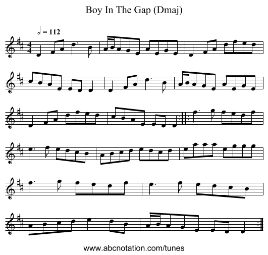 Boy In The Gap (Dmaj) - staff notation