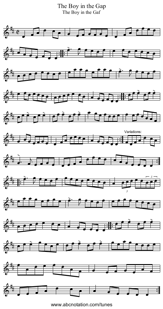 Boy in the Gap, The - staff notation