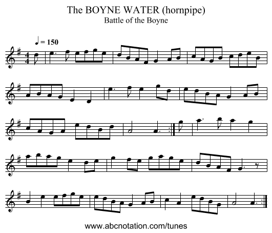 BOYNE WATER (hornpipe), The - staff notation