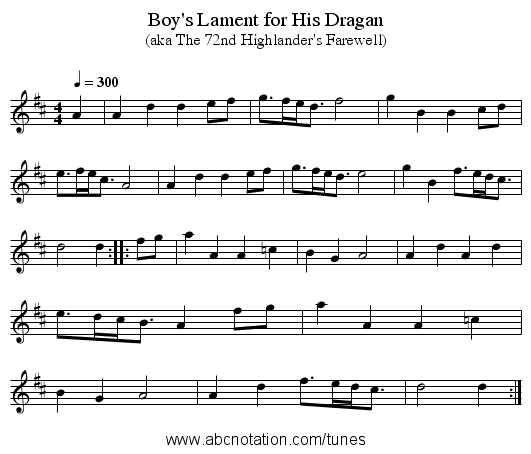 Boy's Lament for His Dragan - staff notation