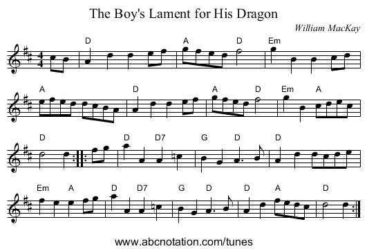 Boy's Lament for His Dragon, The - staff notation