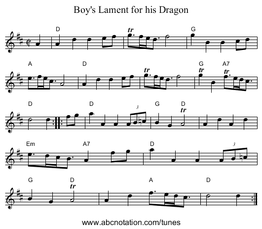 Boy's Lament for his Dragon - staff notation