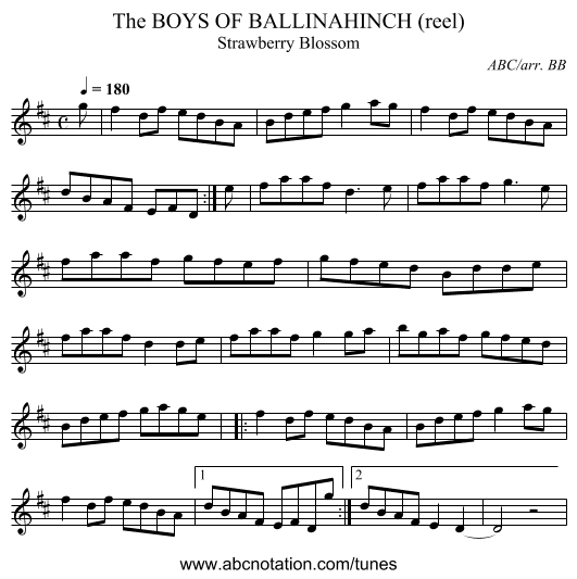 BOYS OF BALLINAHINCH (reel), The - staff notation