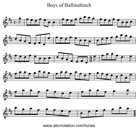 Boys of Ballinahinch - staff notation