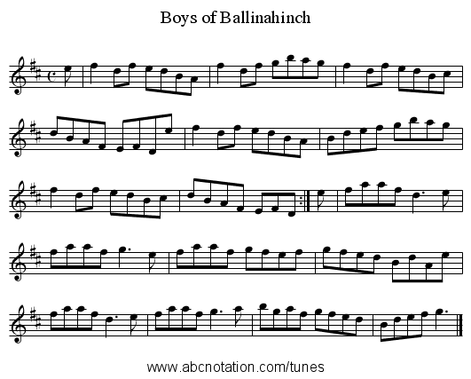 Boys of Ballinahinch - staff notation