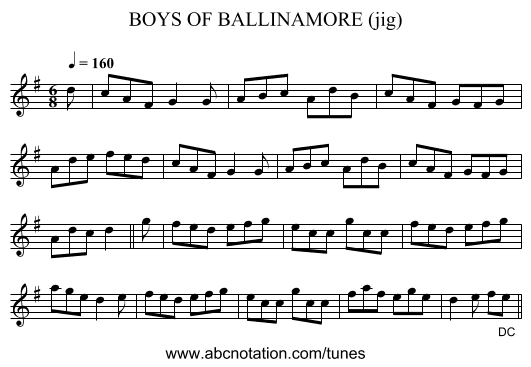 BOYS OF BALLINAMORE (jig) - staff notation