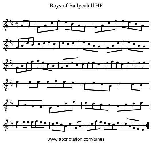 Boys of Ballycahill HP - staff notation