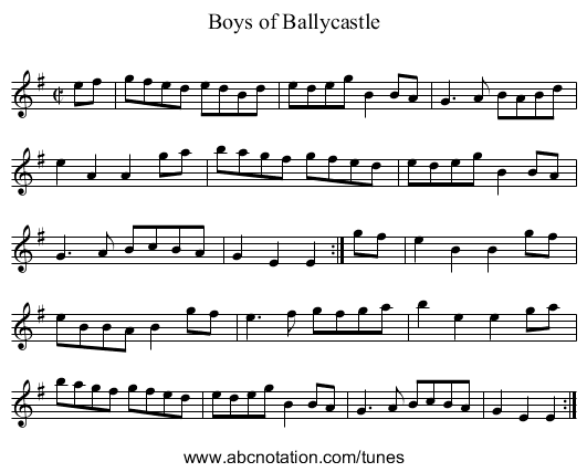 Boys of Ballycastle - staff notation