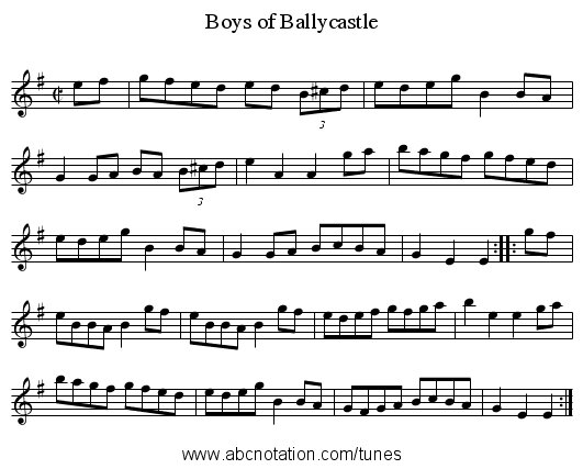 Boys of Ballycastle - staff notation