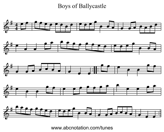 Boys of Ballycastle - staff notation