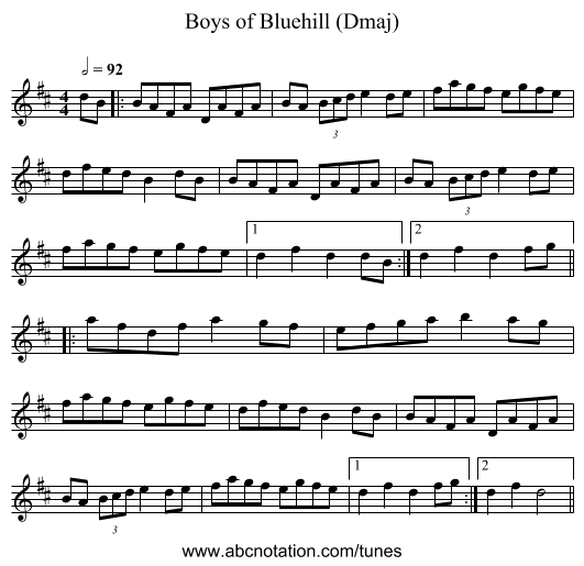 Boys of Bluehill (Dmaj) - staff notation