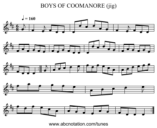 BOYS OF COOMANORE (jig) - staff notation