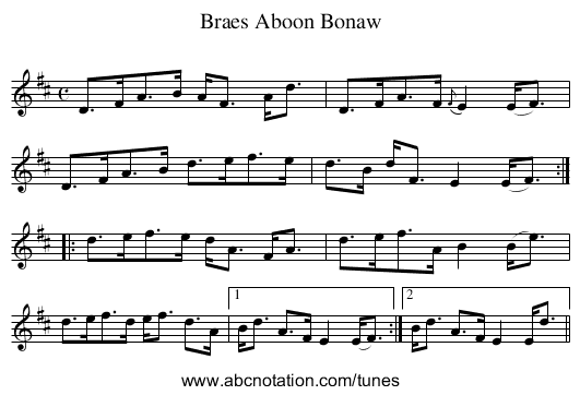 Braes Aboon Bonaw - staff notation