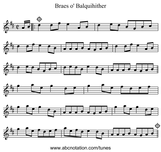 Braes o' Balquihither - staff notation