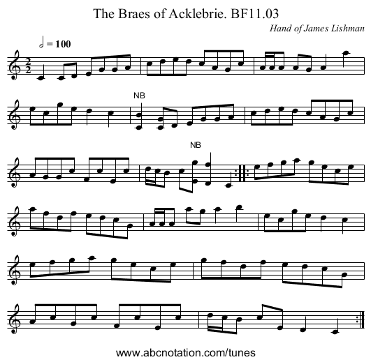 Braes of Acklebrie. BF11.03, The - staff notation