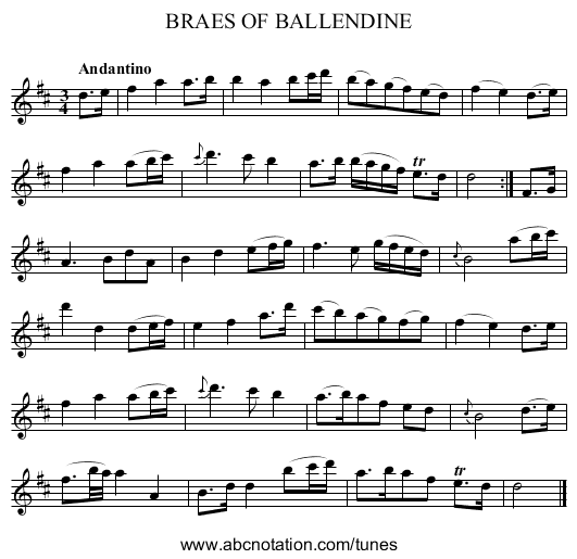 BRAES OF BALLENDINE - staff notation