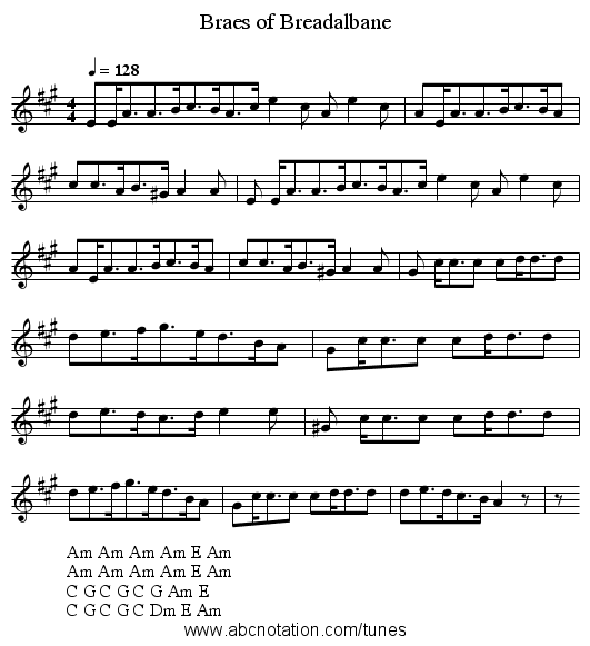 Braes of Breadalbane - staff notation