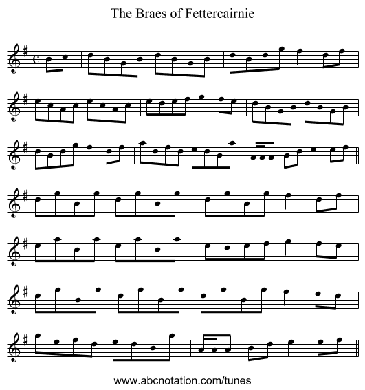 Braes of Fettercairnie, The - staff notation