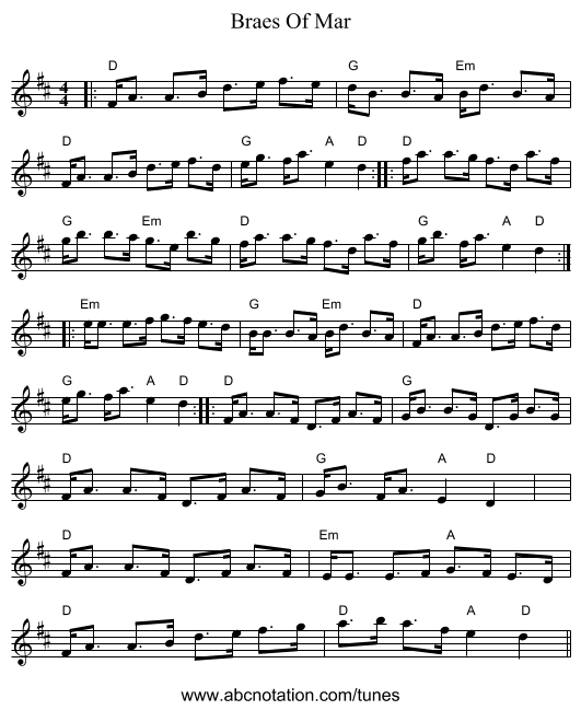 Braes Of Mar - staff notation