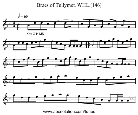 Braes of Tullymet. WHL.[146] - staff notation