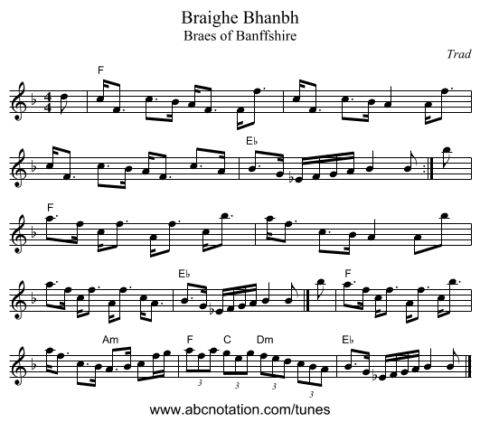Braighe Bhanbh - staff notation