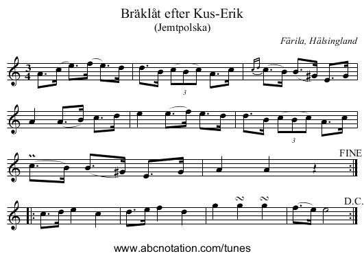 Bräklåt efter Kus-Erik - staff notation